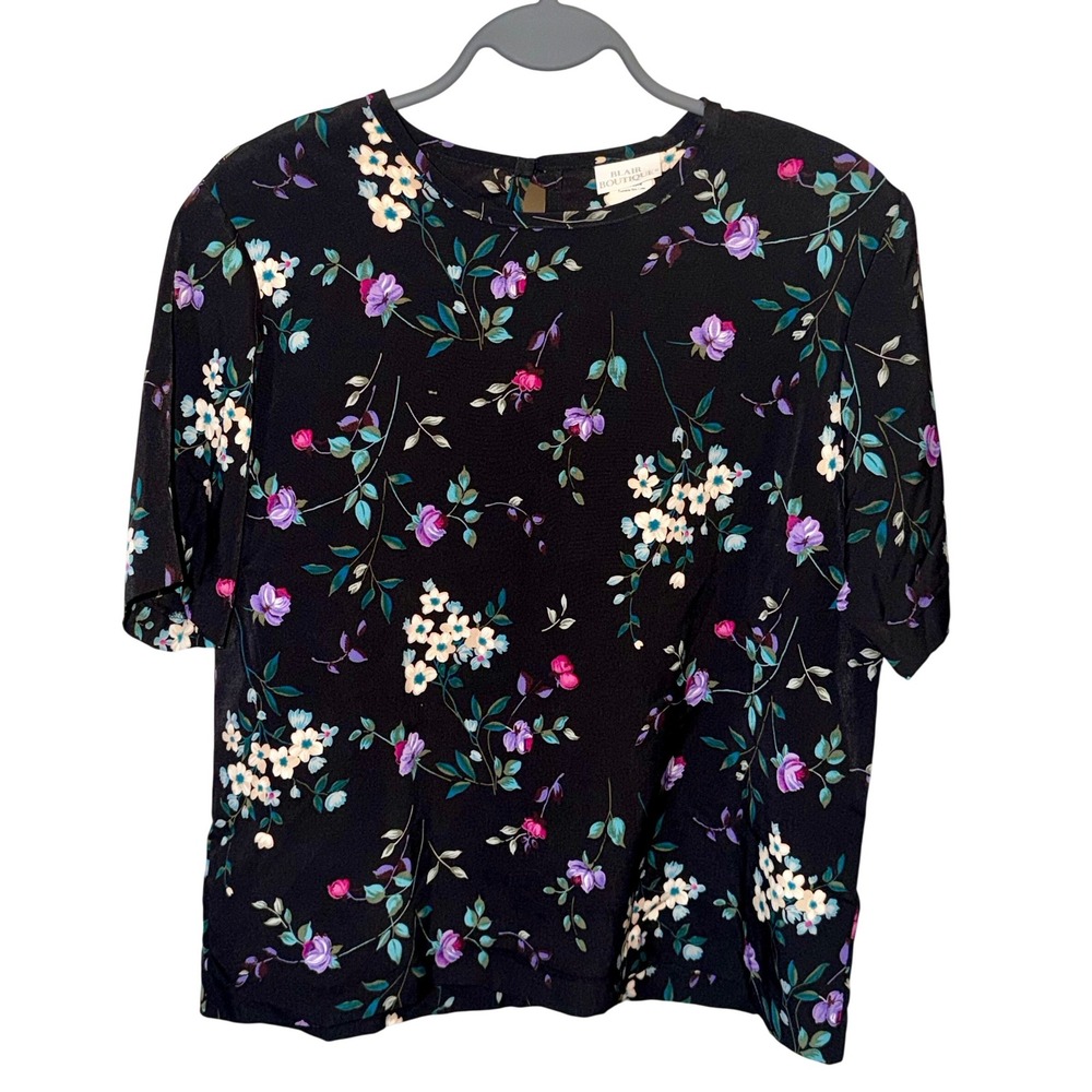 VTG Blair‎ Boutique Black Floral Short Sleeve Blouse Size Small Vintage Workwear